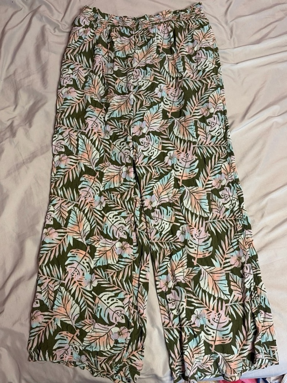 SO Olive and Pastel Tropical Print Wide Leg Pants